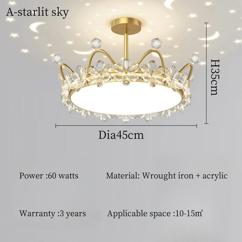 Crystal Crown LED Ceiling Chandelier Star And Moon Lamp Pendant Children Girls Bedroom Study Kid's Ceiling Lamp Room Decoration