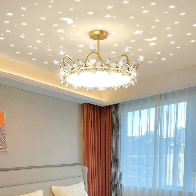 Crystal Crown LED Ceiling Chandelier Star And Moon Lamp Pendant Children Girls Bedroom Study Kid's Ceiling Lamp Room Decoration