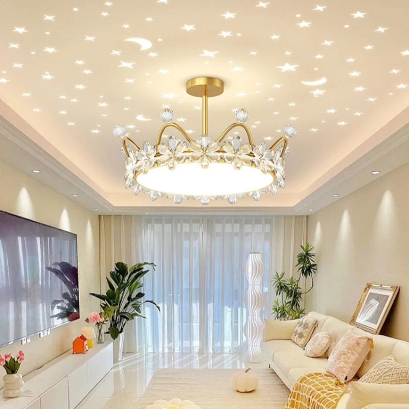 Crystal Crown LED Ceiling Chandelier Star And Moon Lamp Pendant Children Girls Bedroom Study Kid's Ceiling Lamp Room Decoration