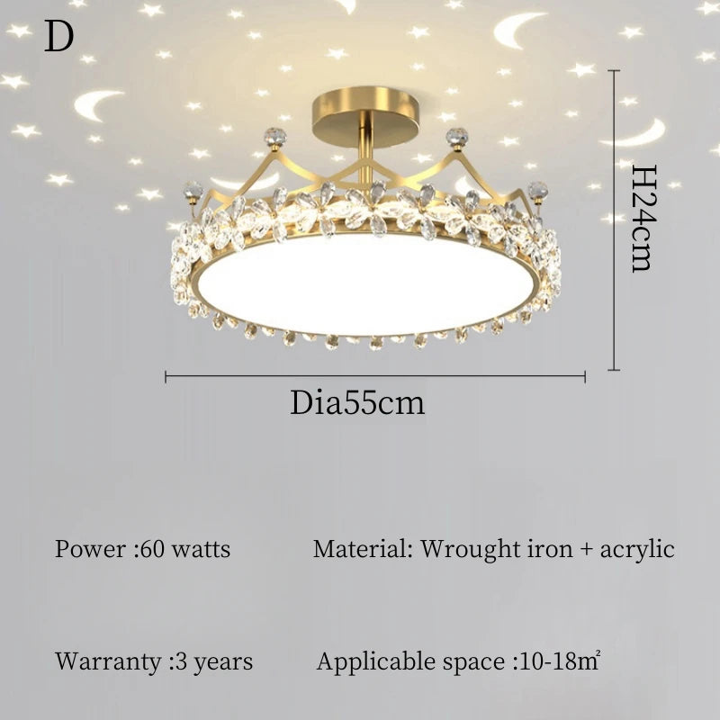Crystal Crown LED Ceiling Chandelier Star And Moon Lamp Pendant Children Girls Bedroom Study Kid's Ceiling Lamp Room Decoration