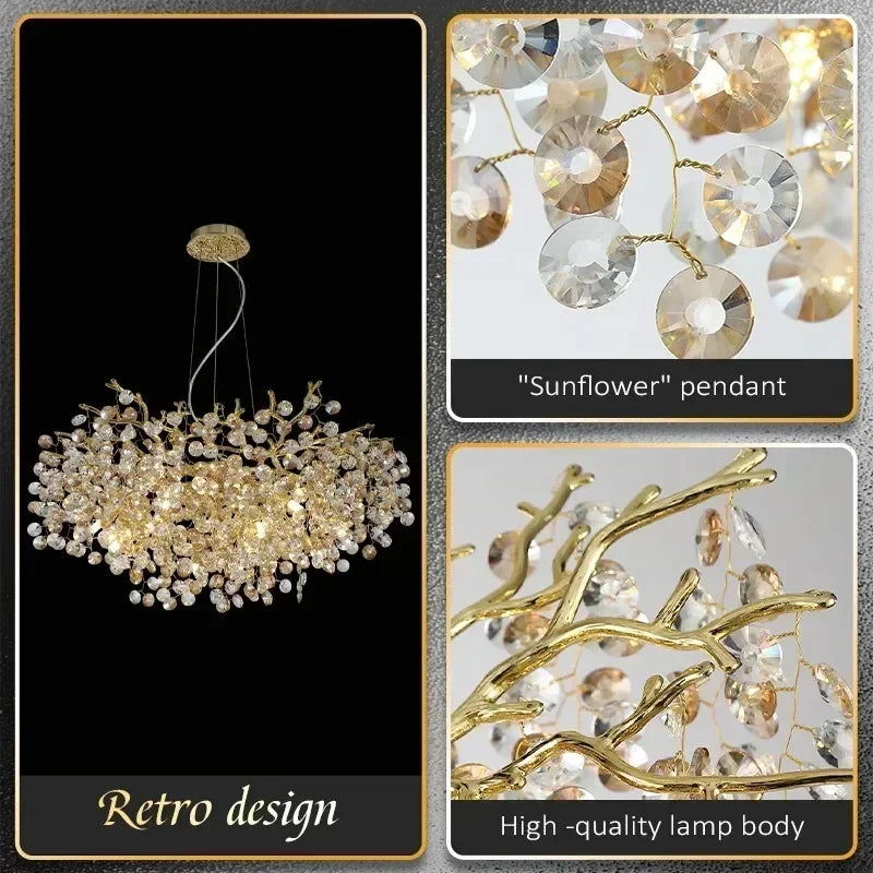 Sun Crystal Ceiling Chandelier Gold Lustre Villa Restaurant Led Hanging Lamps for Ceiling Chandelier Nordic Room Home Decor