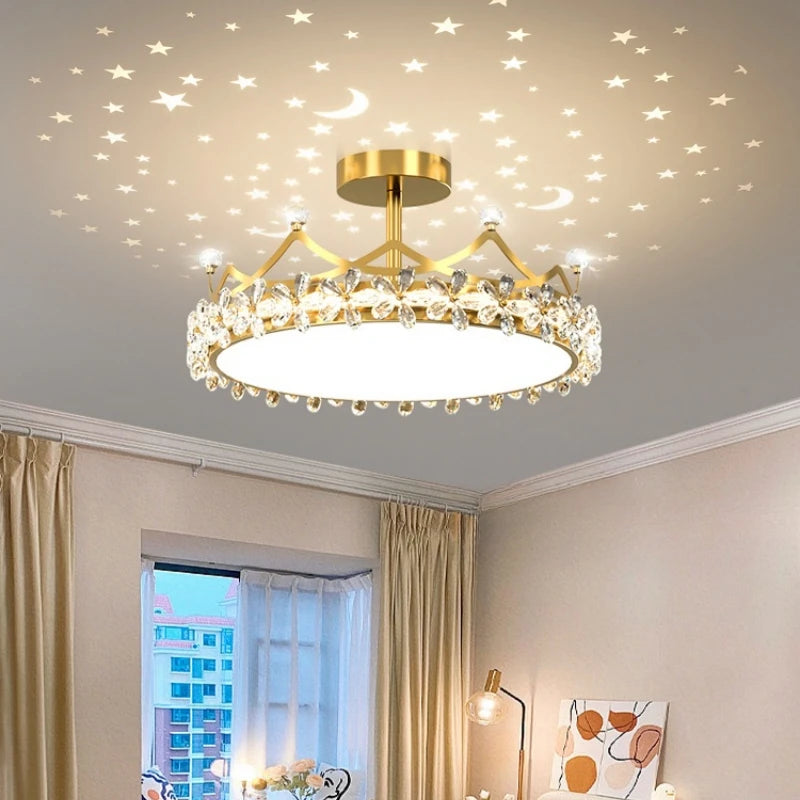 Crystal Crown LED Ceiling Chandelier Star And Moon Lamp Pendant Children Girls Bedroom Study Kid's Ceiling Lamp Room Decoration