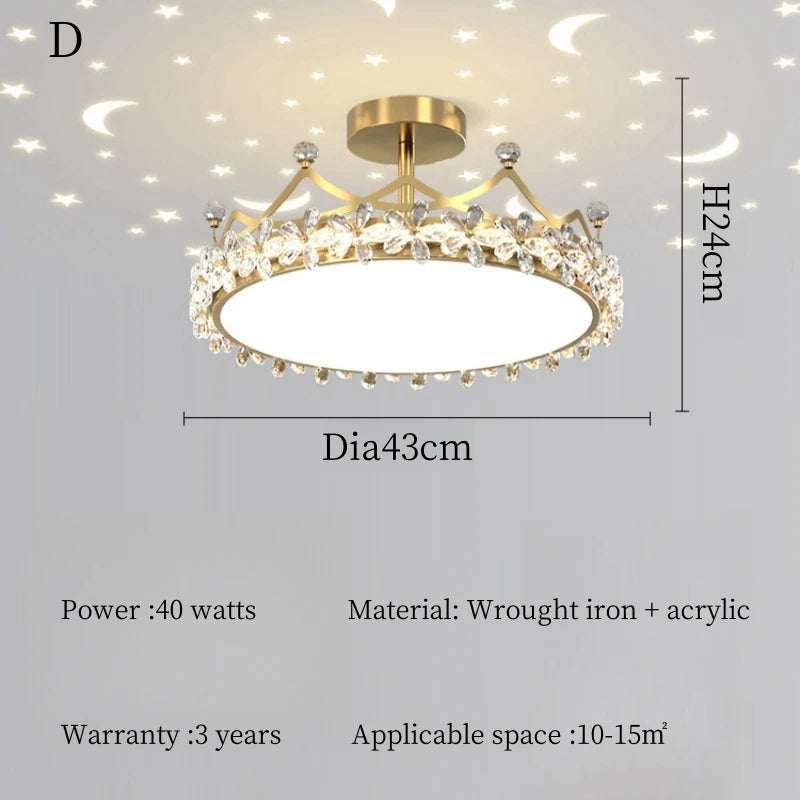 Crystal Crown LED Ceiling Chandelier Star And Moon Lamp Pendant Children Girls Bedroom Study Kid's Ceiling Lamp Room Decoration