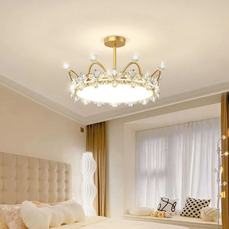 Crystal Crown LED Ceiling Chandelier Star And Moon Lamp Pendant Children Girls Bedroom Study Kid's Ceiling Lamp Room Decoration