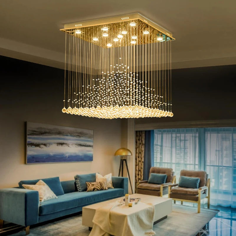 Chandelier K9 Crystal Pendant Ball Square Chandelier Lighting Fixture Raindrop Curtain Glass Chandelier LED Light